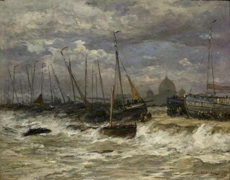 'Aan Scheveningens strand: Kritiek moment voor vissers' 1894-1895 - olieverf op doek: H.W. Mesdag (herkomst: particuliere collectie) 'Aan Scheveningens strand: Kritiek moment voor vissers' 1894-1895 - olieverf op doek: H.W. Mesdag (herkomst: particuliere collectie)