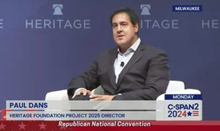 C-SPAN2 screenshot of Paul Dans at 2024 Republican National Convention. Chyron: 'Paul Dans: Heritage Foundation Project 2025 Director'