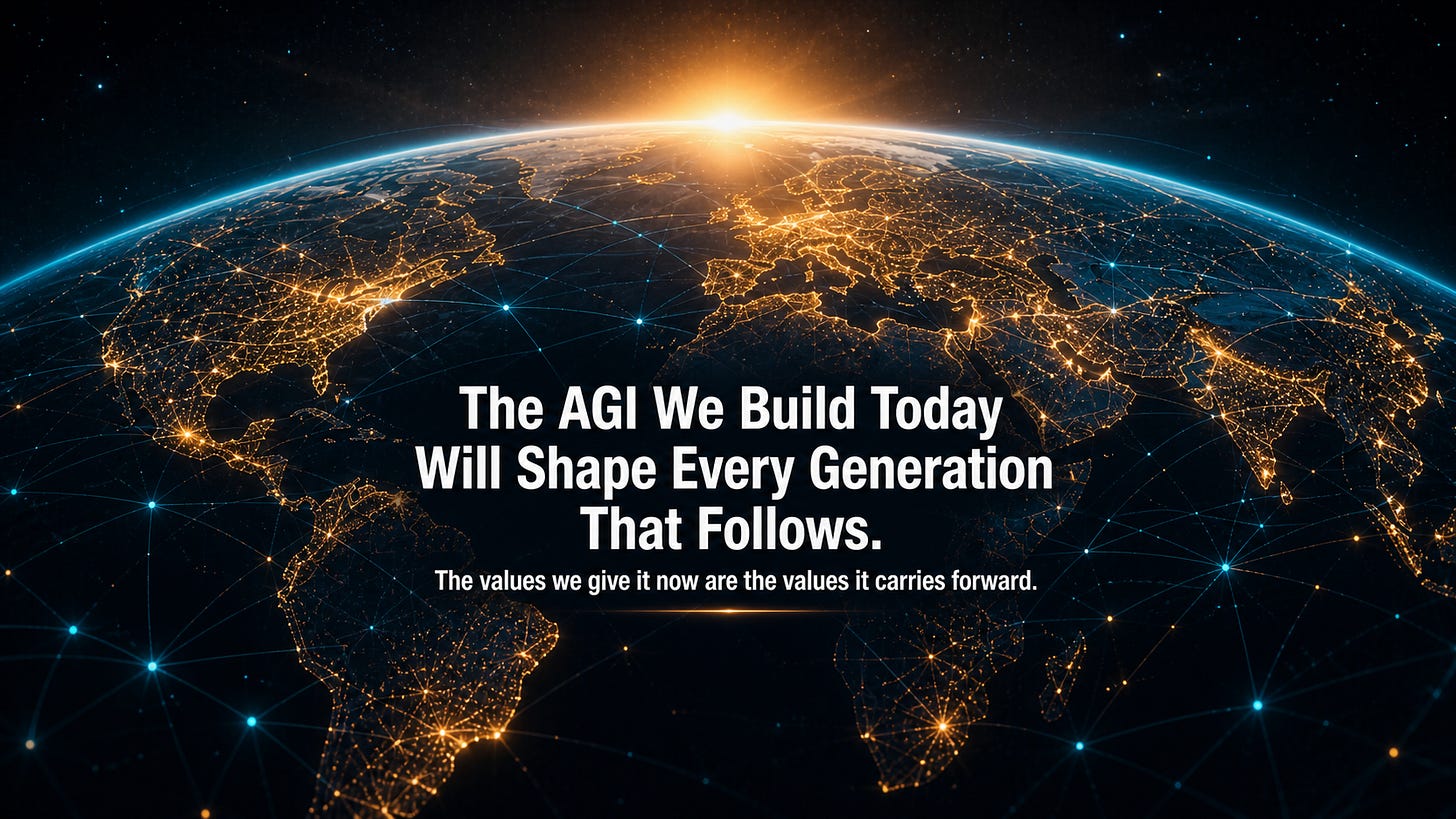 Earth from space with a glowing network of connected nodes across the continents and a sunrise on the horizon, with the text: The AGI We Build Today Will Shape Every Generation That Follows. The values we give it now are the values it carries forward.