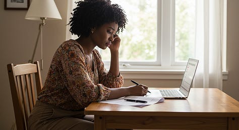 Image of a woman looking burdened by the thought of writing