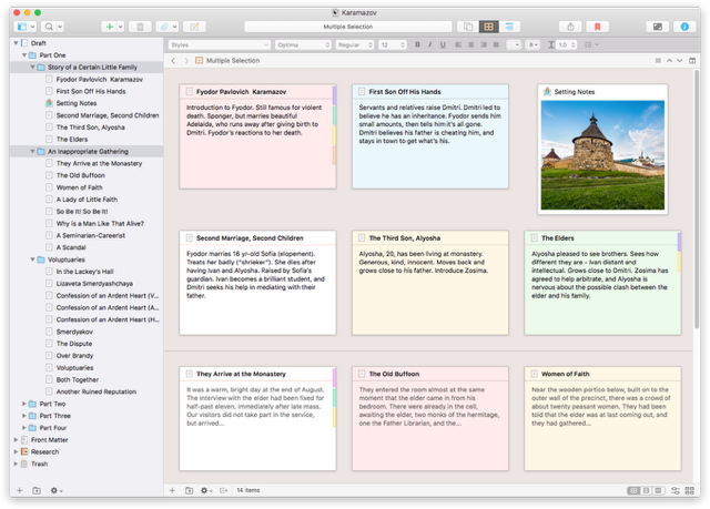 Scrivener's corkboard view: every scene is an index card with a synopsis, next to the binder that holds the whole manuscript Scrivener's corkboard view: every scene is an index card with a synopsis, next to the binder that holds the whole manuscript