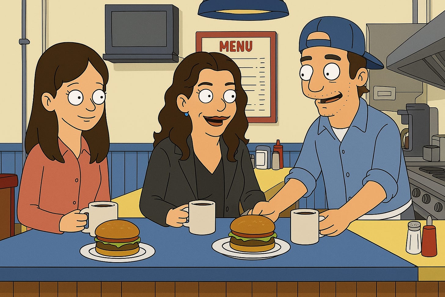 AI-Generated Fan Art Mashup of Lorelai Gilmore and Rory Gilmore as Bob’s Burgers characters in Luke’s Diner having coffee and burgers  | rmrk*st | Remarkist Magazine