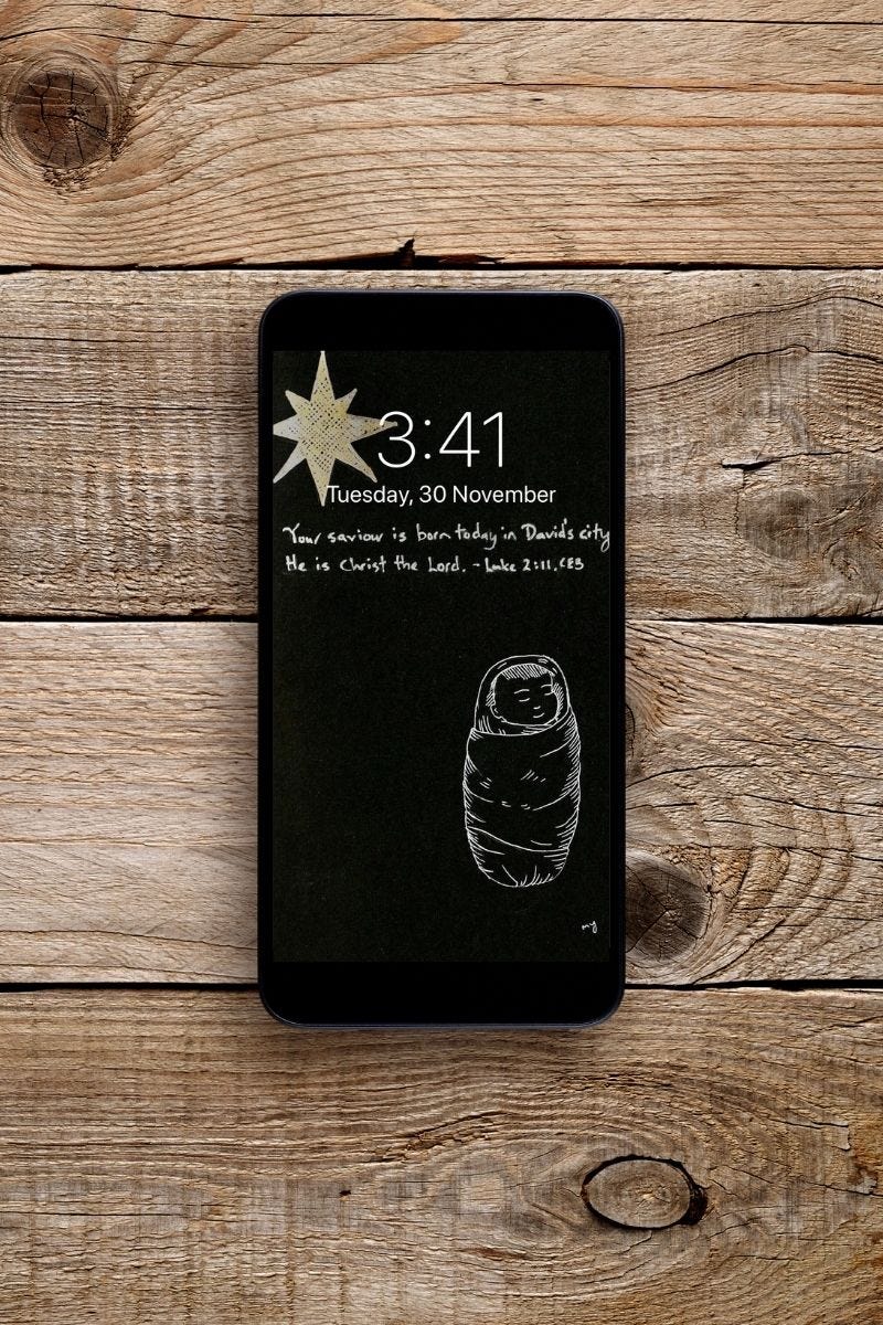Free digital phone wallpaper. Tis’ the reason for Christmas | Line drawing with Bible verse Luke 2:11. Line drawing on black paper with white colour pen drawing of baby Jesus swaddled in cloth, sleeping peacefully. On the top left is a golden star of Bethelem. The Bible verse reads in silver colour, “Your saviour is born today in David’s city. He is Christ the Lord.” Luke 2:11 CEB
