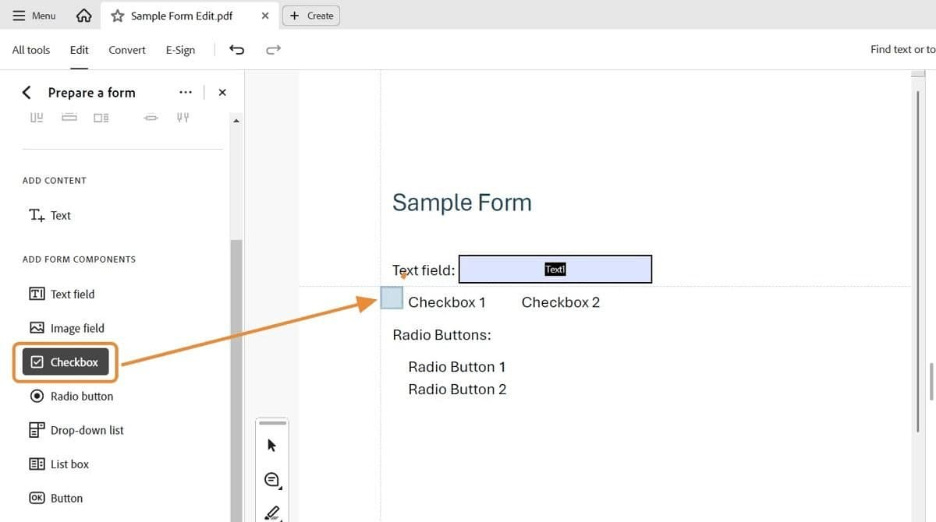 Screenshot of Adobe Acrobat Pro showing the Checkbox option selected from the left toolbar, with an orange arrow pointing to the first checkbox labeled “Checkbox 1” in the sample form.