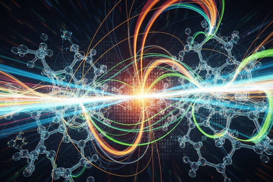 colorful molecular flow illustrating reaction paths.