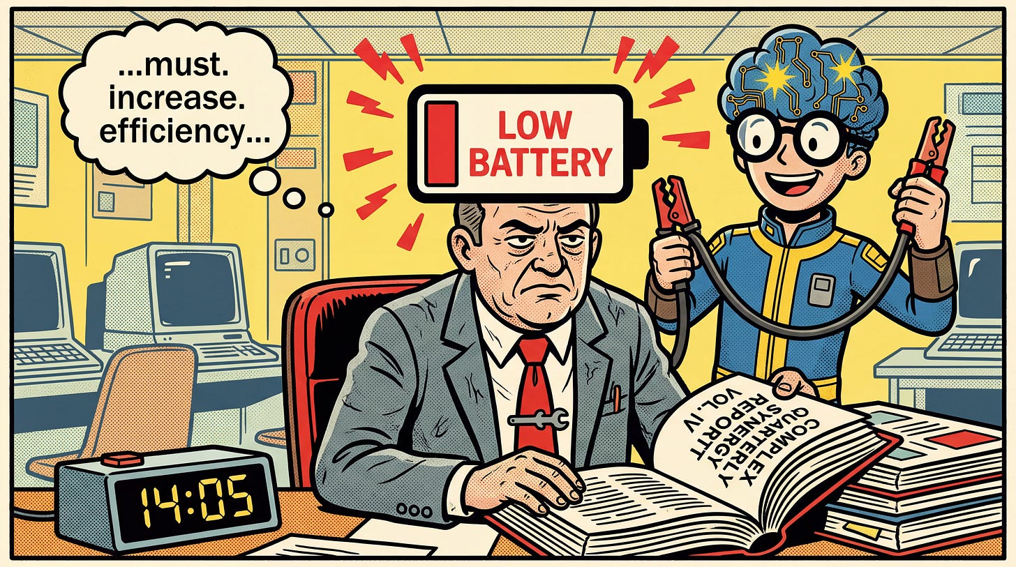 BD satirique : Michel en panne d'énergie à 14h00 face à un dossier complexe.