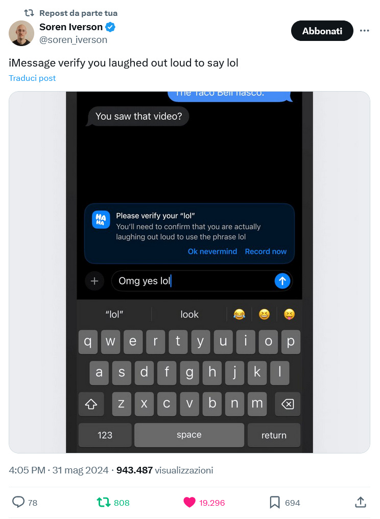 Uno screen dal Twitter di Soren Iverson. Mostra l'interfaccia di uno smartphone con un messaggio che dice di verificare se il "lol" che l'utente abbia scritto sia reale; l'utente sta ridendo anche nella vita vera?