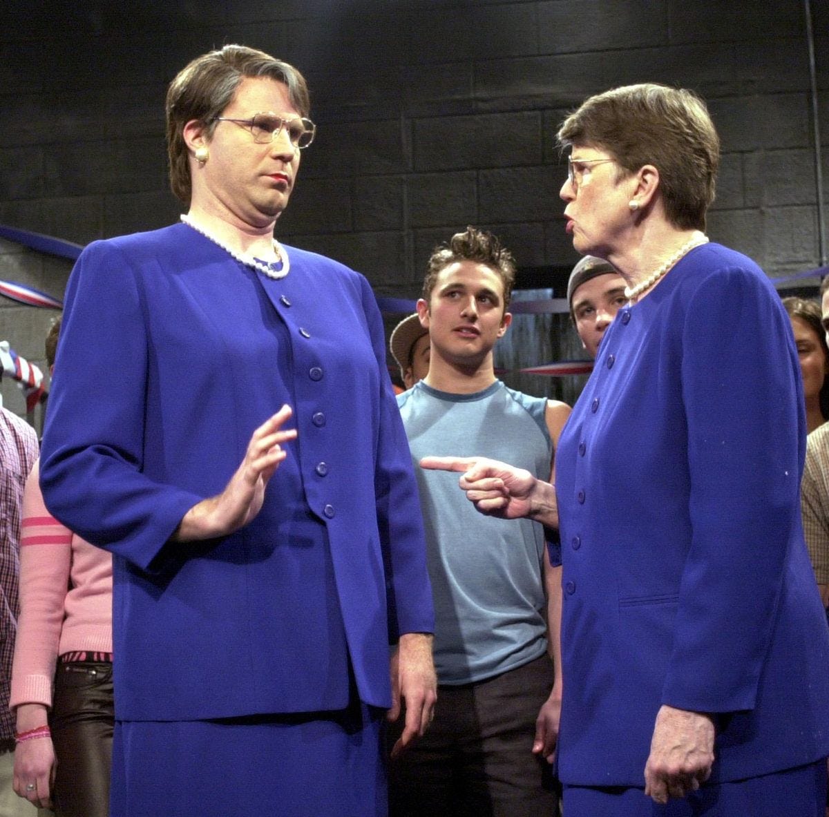 Outgoing Attorney General Janet Reno, right, confronts her "Saturday Night Live" impersonator Will Ferrell, left, during a skit called "Janet Reno's Dance Party" at a dress rehearsal for the show Saturday, Jan. 20, 2001. (MARY ELLEN MATTHEWS / Associated Press) Outgoing Attorney General Janet Reno, right, confronts her "Saturday Night Live" impersonator Will Ferrell, left, during a skit called "Janet Reno's Dance Party" at a dress rehearsal for the show Saturday, Jan. 20, 2001. (MARY ELLEN MATTHEWS / Associated Press)