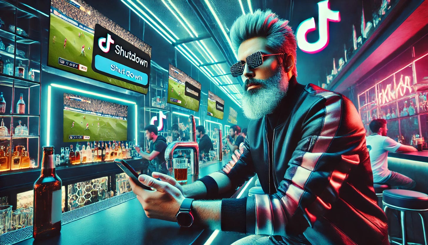 A futuristic and stylish middle-aged man with a full beard and hair, wearing trendy sunglasses and a modern streetwear outfit, sitting at a sleek, neon-lit bar. The bar has multiple large screens showing a football game in progress. The man holds a smartphone in one hand, looking at it with a calm yet thoughtful expression, as the TikTok app on the screen displays a 'shutdown' notification. The atmosphere is lively but futuristic, with other patrons visible enjoying the game and digital decorations adding a modern edge.