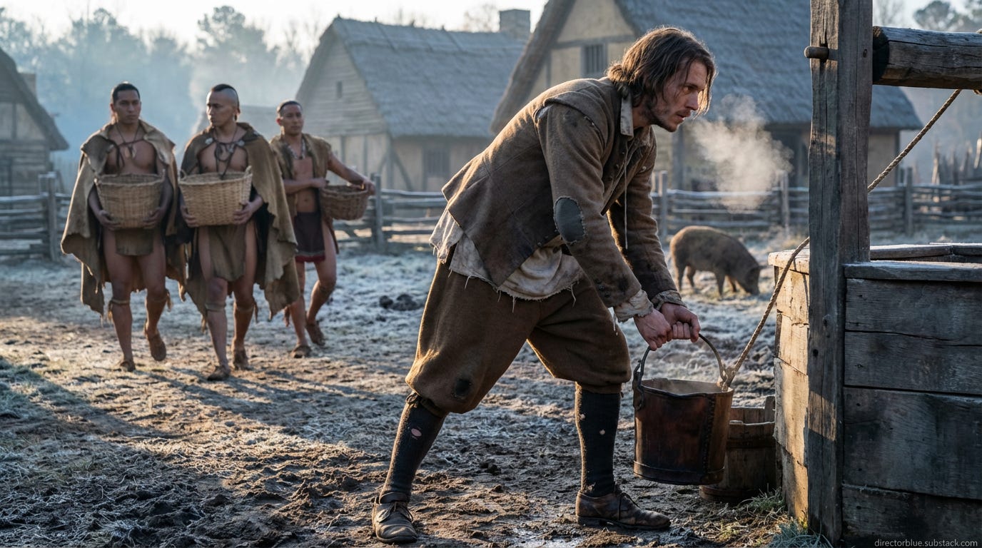 A photorealistic 16x9 cinematic image Exterior early morning Virginia colonial settlement 1622 new image same subject - Golden-blue dawn light frost visible on muddy ground A young English man hauls a leather bucket from a crude wooden well _image_1