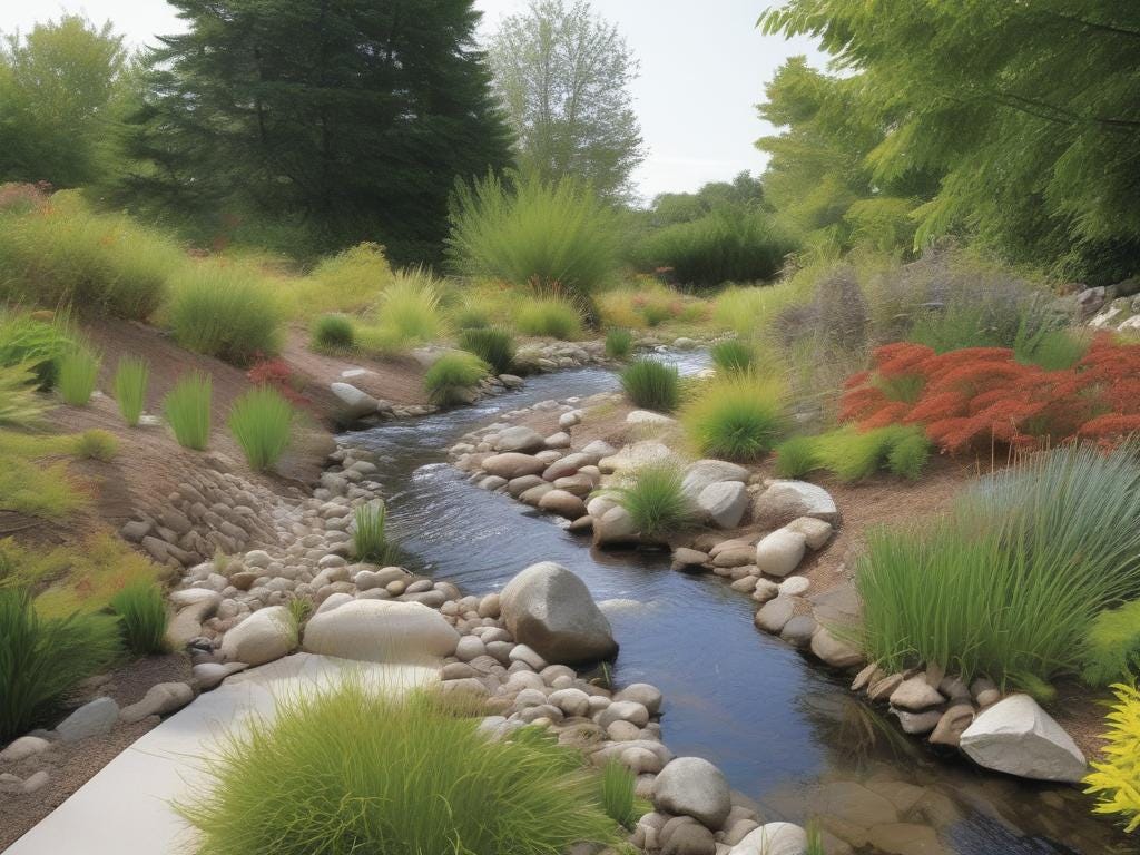 A serene landscape, a tranquil stream meanders through a lush garden,