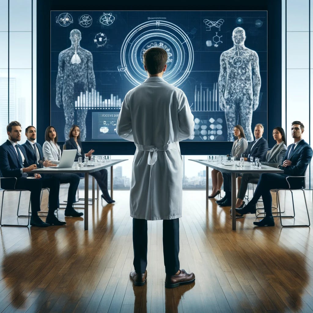 Modify the previous image to show the scientific startup team member who is speaking turned towards the audience of venture capitalists (VCs). The scientist, still dressed in a lab coat, is now facing the VCs, enhancing the engagement and interaction during the pitch. The VCs, dressed in business suits, are attentively listening and watching the presenter. The modern conference room setting remains the same, with the large screen displaying biotech data or diagrams in the background. This adjustment should emphasize the direct communication and connection between the presenter and the audience, capturing a dynamic moment of the biotech company's pitch.