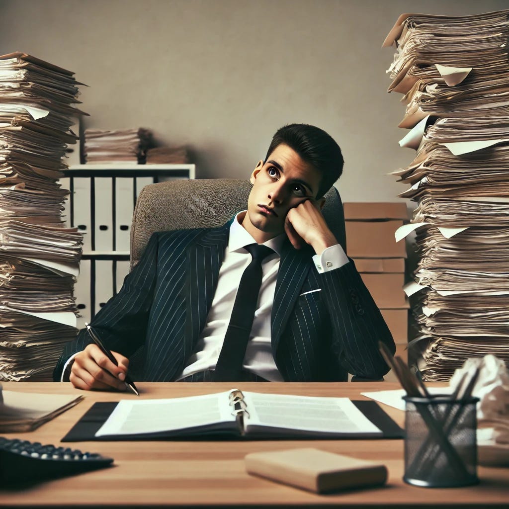 A bored lawyer sitting at a desk in a plain office, surrounded by piles of paperwork, with a tired and uninterested expression. The lawyer is wearing a traditional suit, slouched in a chair, holding a pen lazily while staring blankly at the ceiling. The scene feels monotonous and dull, with muted colors like grey and beige dominating the setting, emphasizing the boring atmosphere.