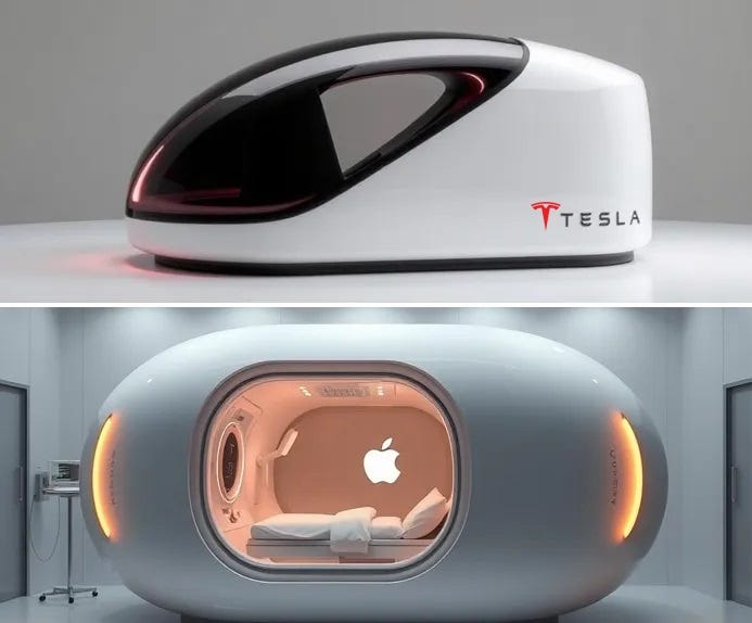 AI-generated images of sleek, streamlined medical pods with the Tesla and Apple logos.