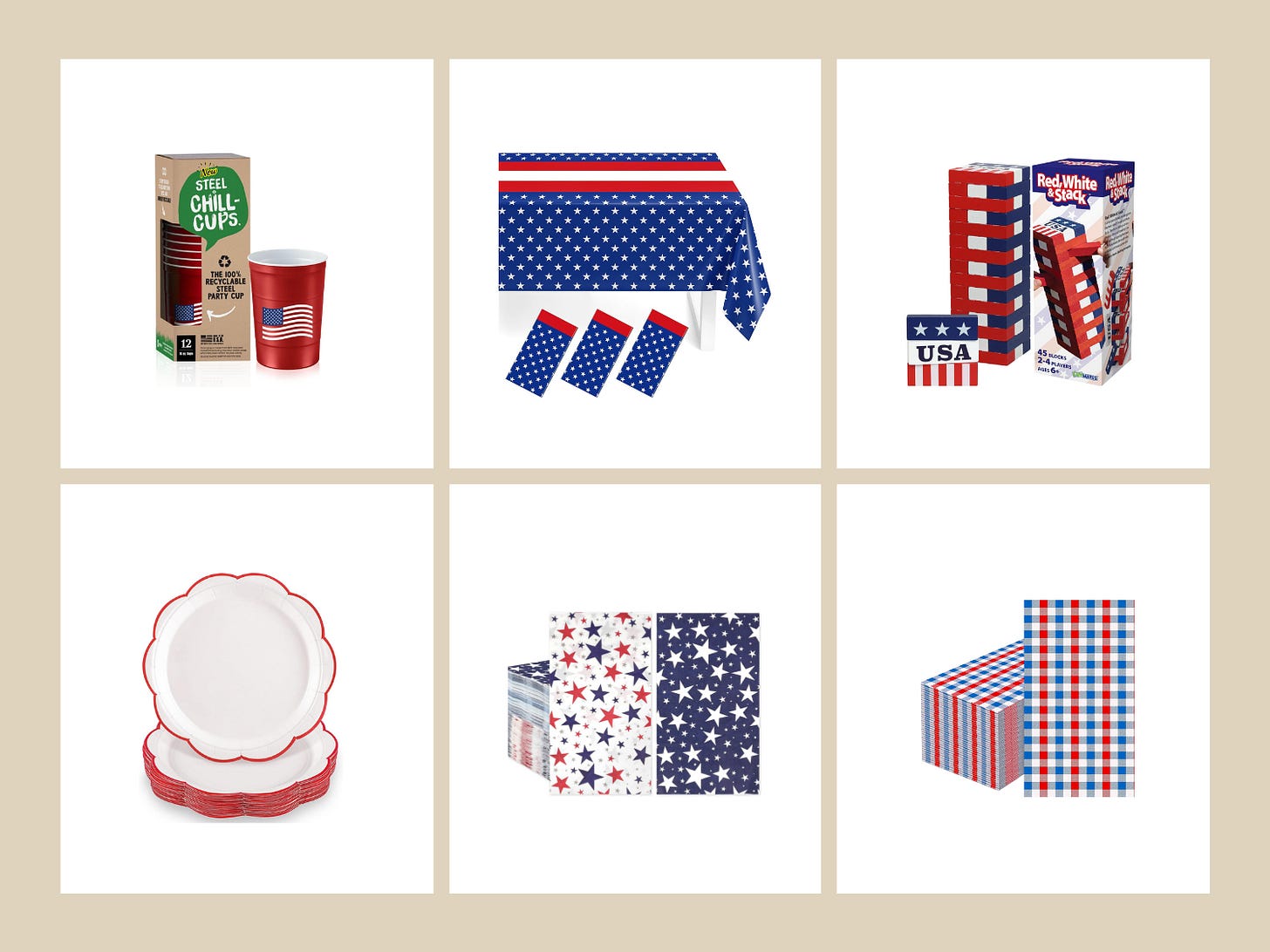 A collage of six patriotic 4th of July entertaining essentials including reusable American flag steel party cups, a red white and blue stars tablecloth with matching runner, a patriotic wooden stacking game, scalloped red and white disposable paper plates, red white and blue star print paper napkins, and classic red blue and white gingham napkins.