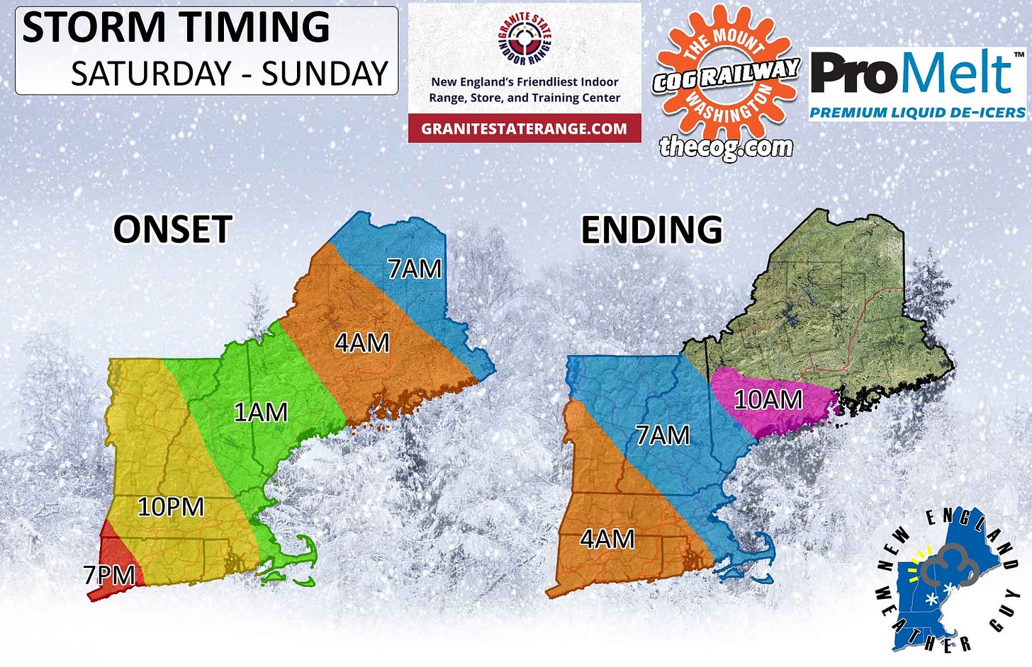 May be an image of map, tornado and text that says 'STORM TIMING SATURDAY-SUNDAY SATURDAY -SUNDAY New England's Friendliest Indoor Range, Store, and Training Center GRANITESTATERANGE.COM THE MOUNT GOGRAILWAY ProMelt na WASHING1O PREMIUM LIQUID DE-ICERS thecog.com ONSET 7AM ENDING 4AM 1AM 10PM 10AM 7AM 7PM 4AM E S'