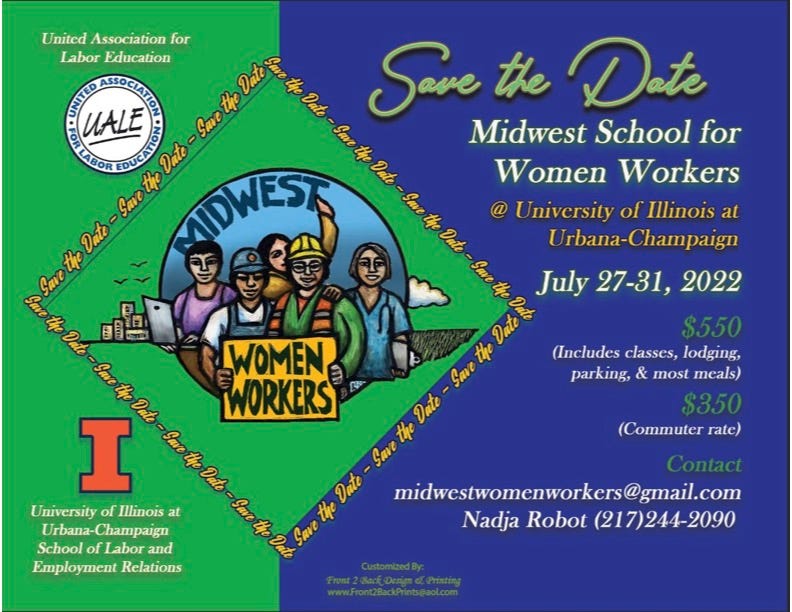 info about UALE's midwest school for women workers on a green and blue graphic