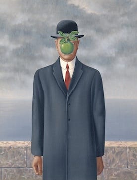 Magritte's Son of Man, a man in a bowler hat with a green apple, under a cloudy sky Magritte's Son of Man, a man in a bowler hat with a green apple, under a cloudy sky