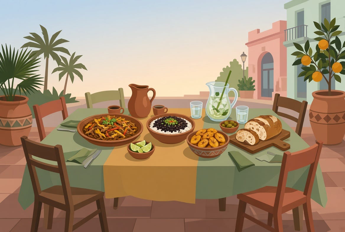 Cuban style table outdoors with ropa vieja, limes, rice and beans and drinks