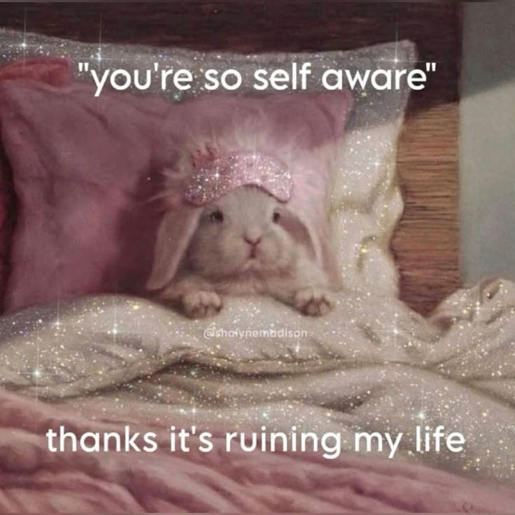 This may contain: a bunny is laying in bed with the caption, you're so self aware thanks it's running my life