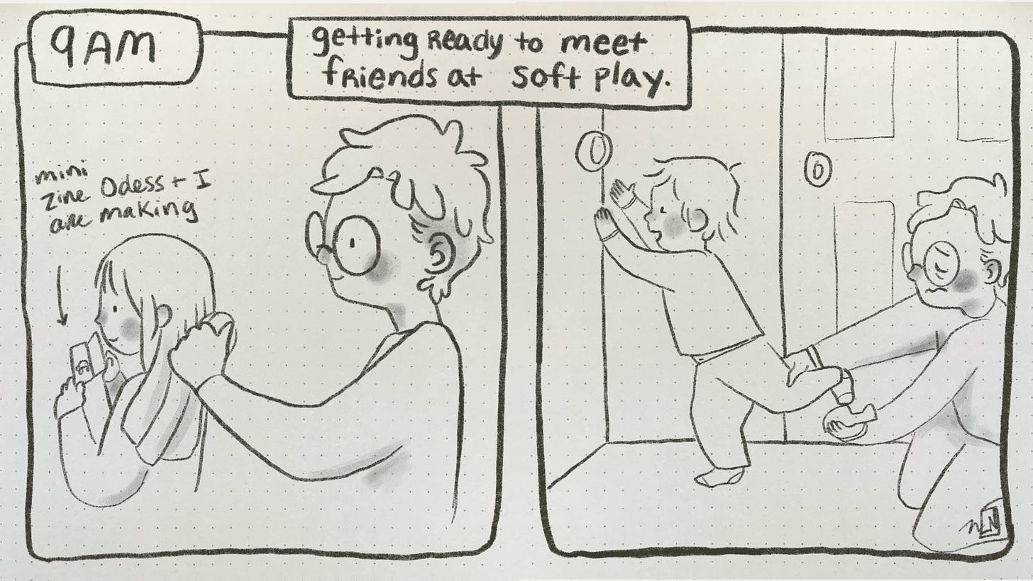 2 panel comic. Panel 1: 9 am, the author brushing her daughter’s hair. Panel 2: the author tries to put a shoe on their young son while he runs for the door. A caption says “getting ready to meet friends at soft play.”