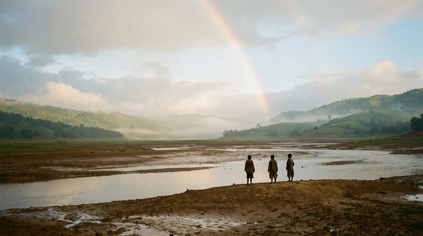 A wide rain-washed valley at dawn with a faint rainbow arcing over drying hills, a few small figures seen from far behind on a low ridge, soft breaking light, no faces, no text A wide rain-washed valley at dawn with a faint rainbow arcing over drying hills, a few small figures seen from far behind on a low ridge, soft breaking light, no faces, no text