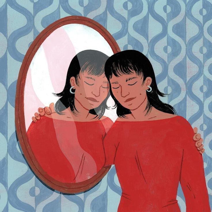 This may contain: an illustration of two women embracing in front of a mirror with blue swirls on the wall