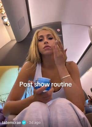 Person on an airplane applying skincare cream labeled "Post show routine."