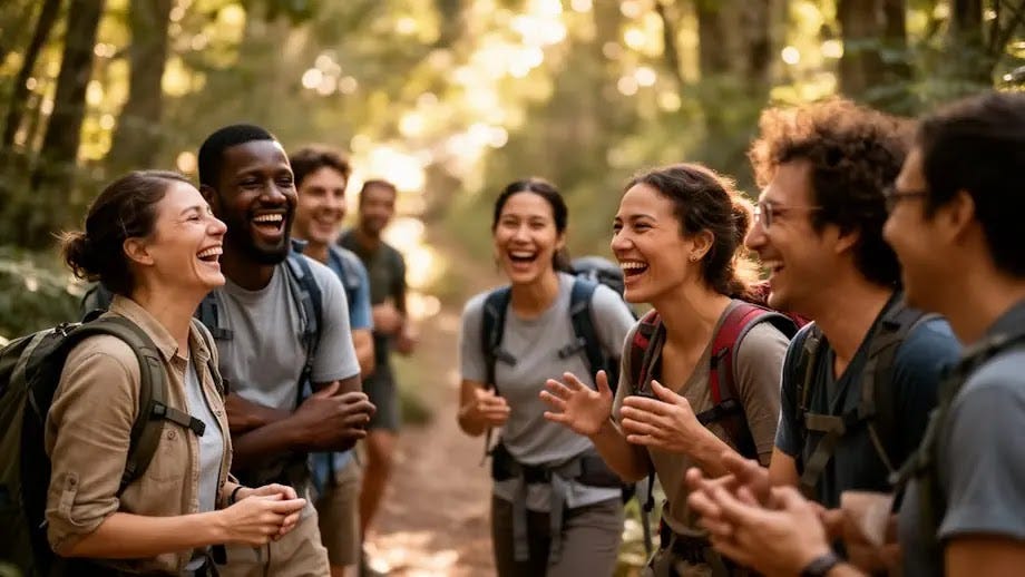 Fostering social connections to combat loneliness. A group of hikers from various walks of life come together, united by laughter and conversation. Their shared outdoor adventure showcases the joy of social bonding and the rejuvenating power of nature, reminding us that connection and fresh air are essential for a happy, healthy life.