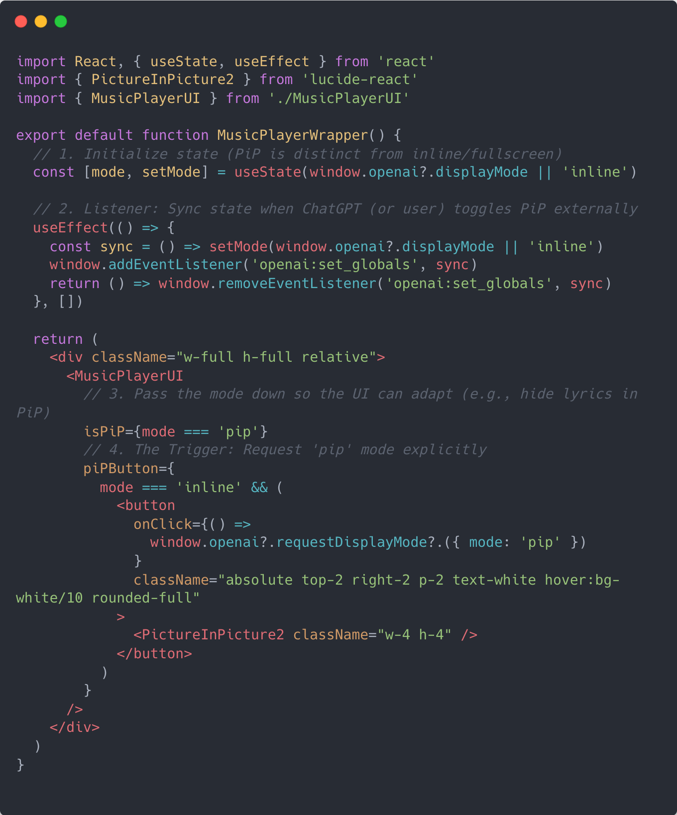 MusicPlayerWrapper code snippet. See link to code in caption MusicPlayerWrapper code snippet. See link to code in caption
