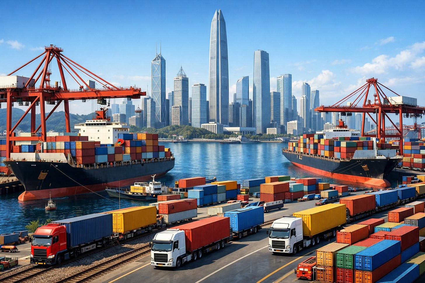 A busy cargo port in Shenzhen with container ships, cranes, trucks, trains, and city skyscrapers in the background. A busy cargo port in Shenzhen with container ships, cranes, trucks, trains, and city skyscrapers in the background.
