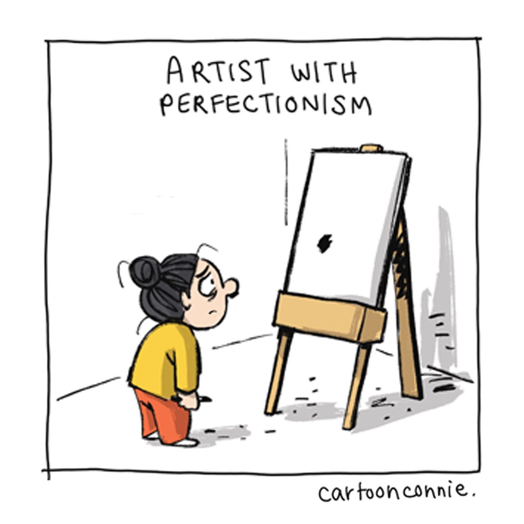Panel 5 of a 6-panel comic showing a cartoon figure trying to capture an idea an artist easel and feeling like a failure when it doesn't live up to what she imagined. Titled "Artist Perseverance," 2026, by Connie Sun, cartoonconnie.