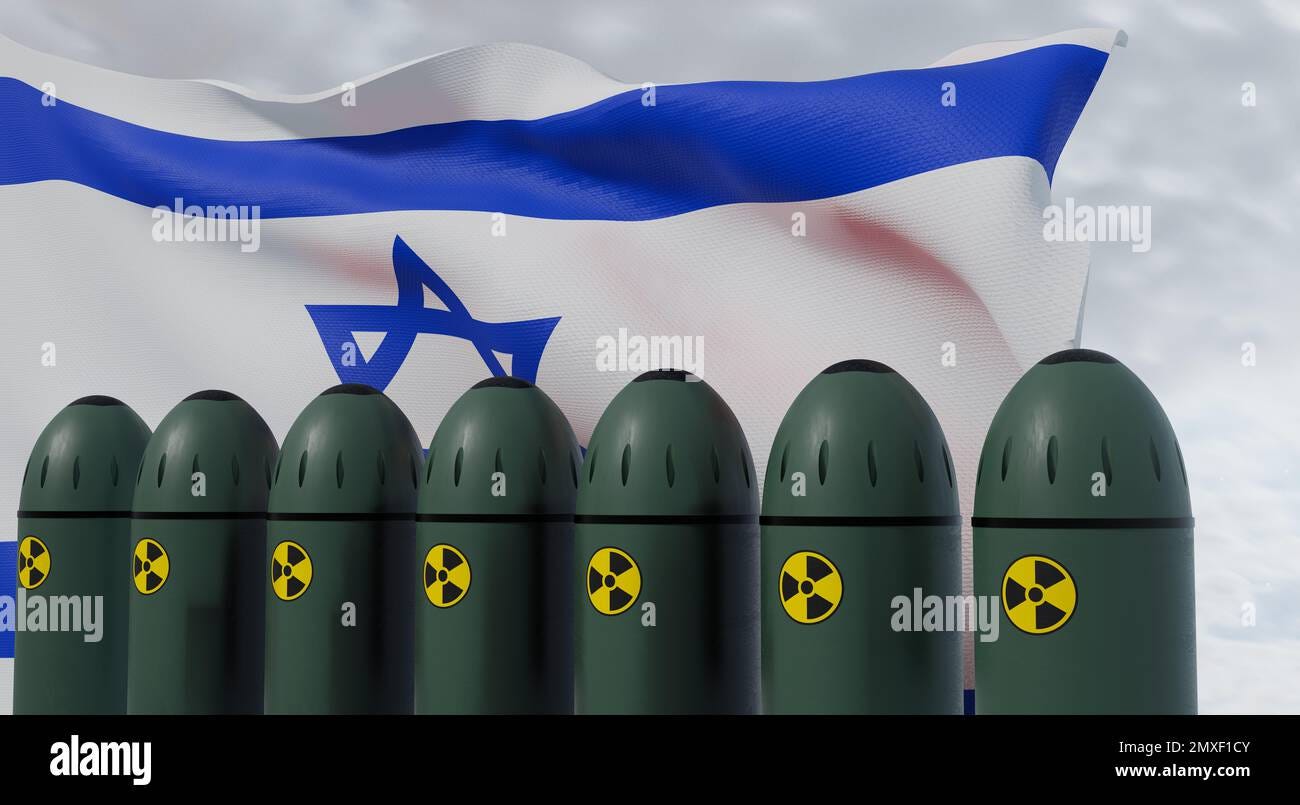 Nuclear missiles and Israel flag in background. Missiles with warheads are  ready to be launched. missile defense. Nuclear, chemical weapons. radiation  Stock Photo - Alamy