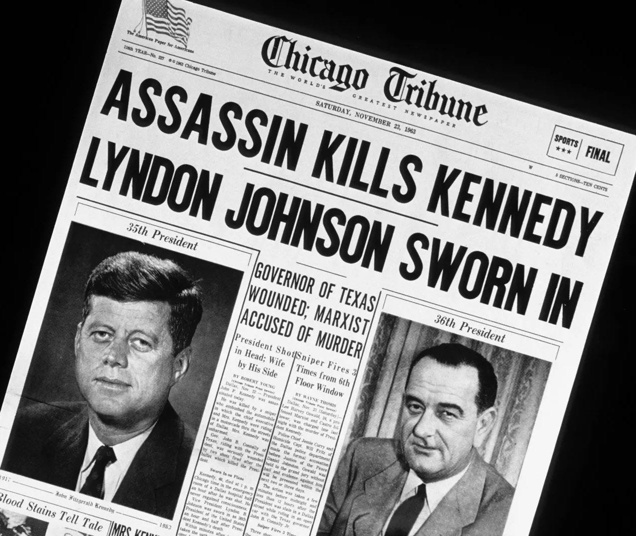 Front page of the Chicago Tribune, November 23, 1963 — Midwestern coverage of the tragedy that stunned the nation.
