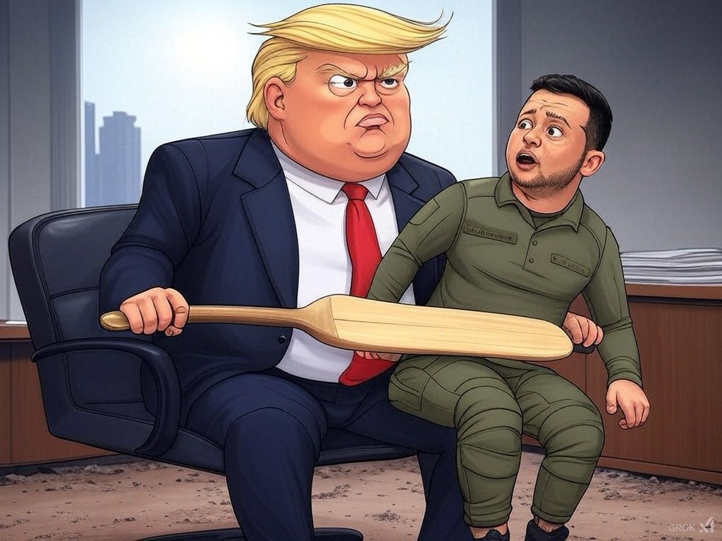 Trump brings a paddle to a meeting with Zelensky, when shame and guilt don't work. Trump brings a paddle to a meeting with Zelensky, when shame and guilt don't work.
