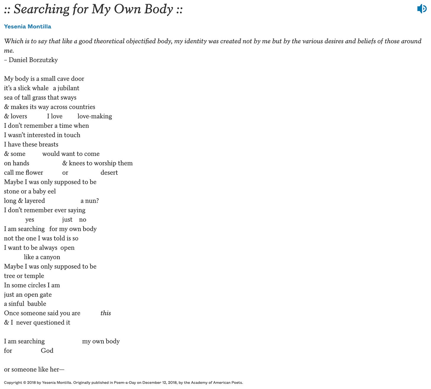 a screenshot of the poem :: Searching for My Own Body :: by Yesenia Montilla