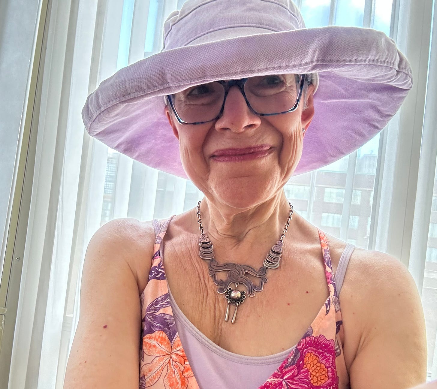 Rona Maynard in sunhat