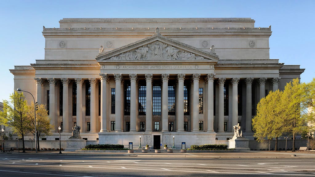 Photograph of the National Archives and Records Administration headquarters in Washington, D.C. Photograph of the National Archives and Records Administration headquarters in Washington, D.C.