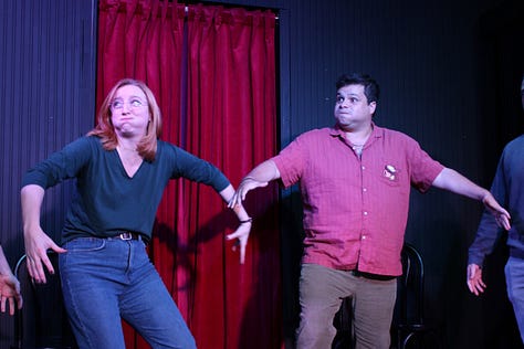photos of the improv group Small Business doing a sound-and-movement opening