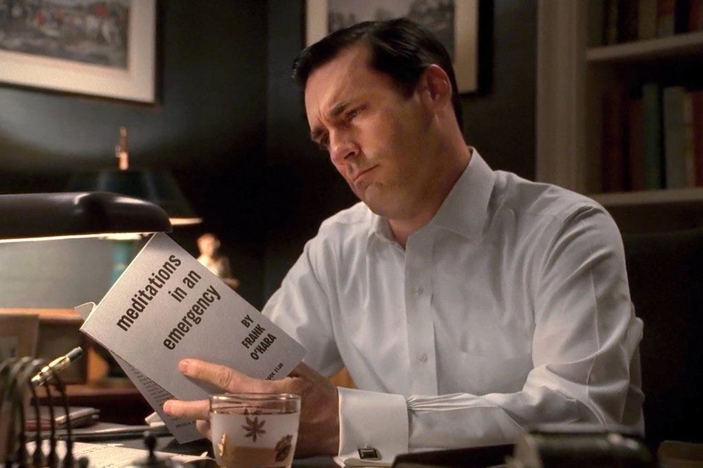 still of Jon Hamm as Don Draper in Mad Men reading Frank O'Hara's Meditations in an Emergency