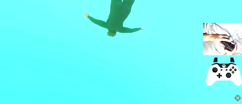 The character from Baby Steps floats upside down. On the right, a hand plays the game on an Xbox Controller.