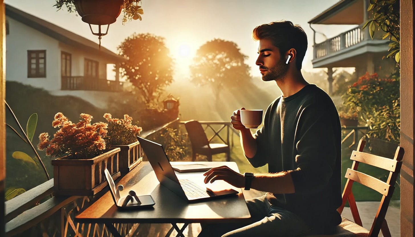 A person sitting on a terrace in the early morning, holding a cup of coffee and wearing AirPods, with a laptop open on a table nearby. The sun is rising, casting a warm glow, with a view of a garden with flowers and greenery in the background. The person looks thoughtful, reflecting on their writing.