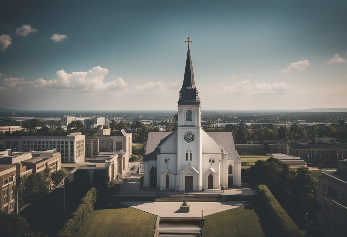 A church and government building stand side by side, symbolizing their interconnectedness and influence on society