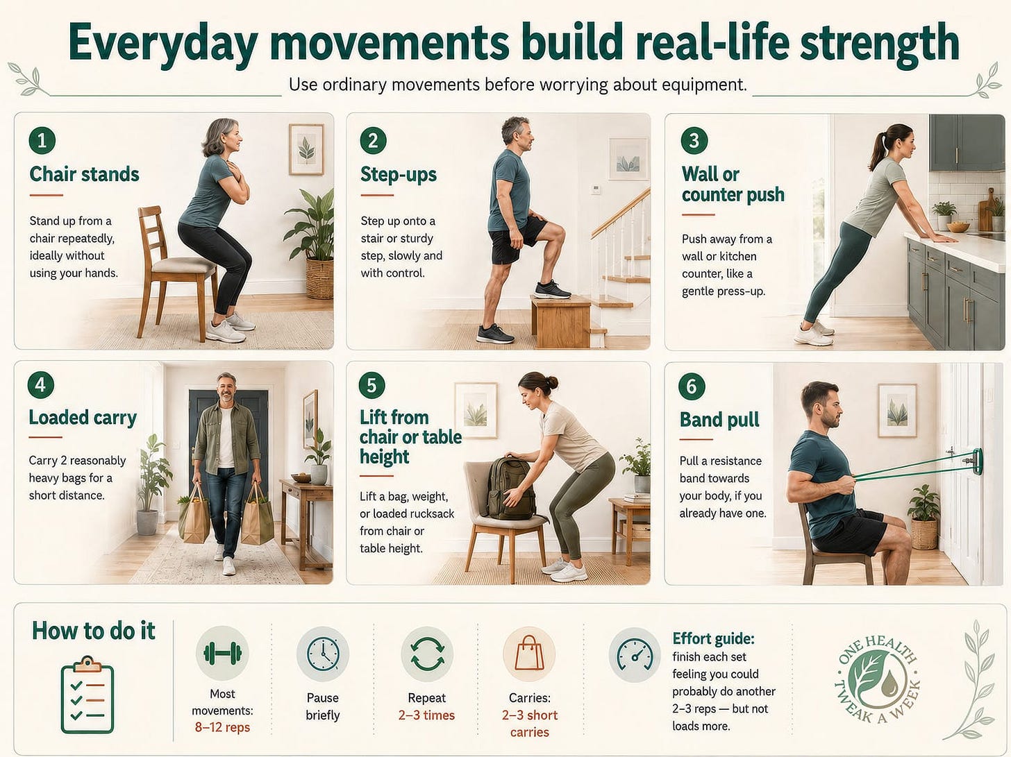 An infographic illustrating six simple strength exercises that can be done at home. An infographic illustrating six simple strength exercises that can be done at home.