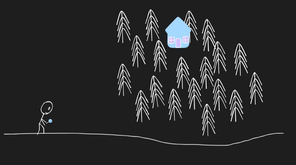Stick figure holding a magnifying glass, looking for a small house atop a hill surrounded by trees, symbolizing searching for a home, emotional healing, creative expression, and midlife renewal.