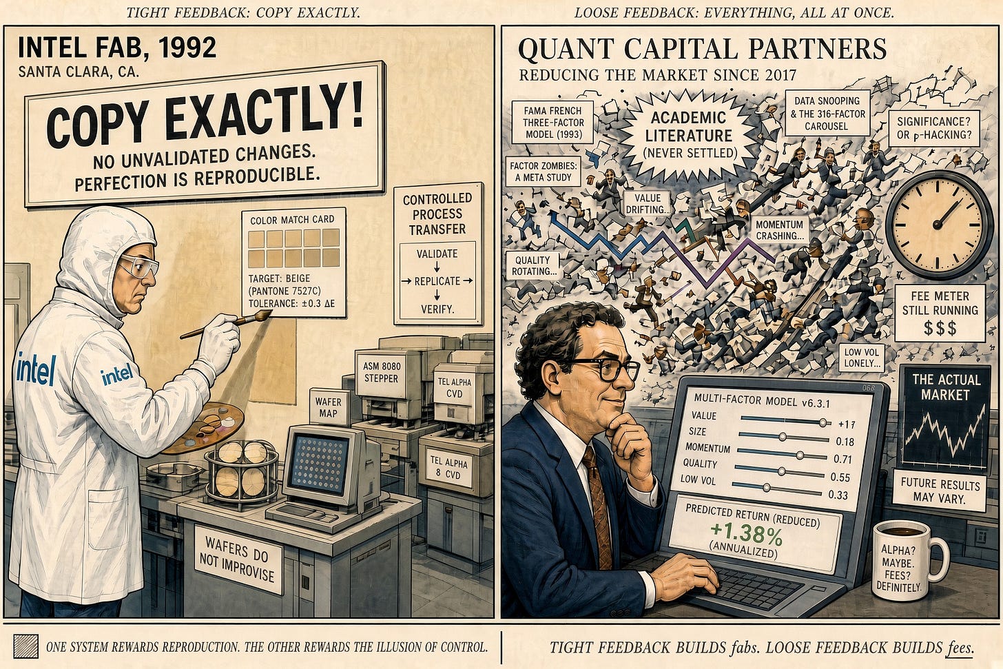 An Intel engineer validates and replicates a manufacturing process while a quantitative investor adjusts factor sliders beside a running fee meter.