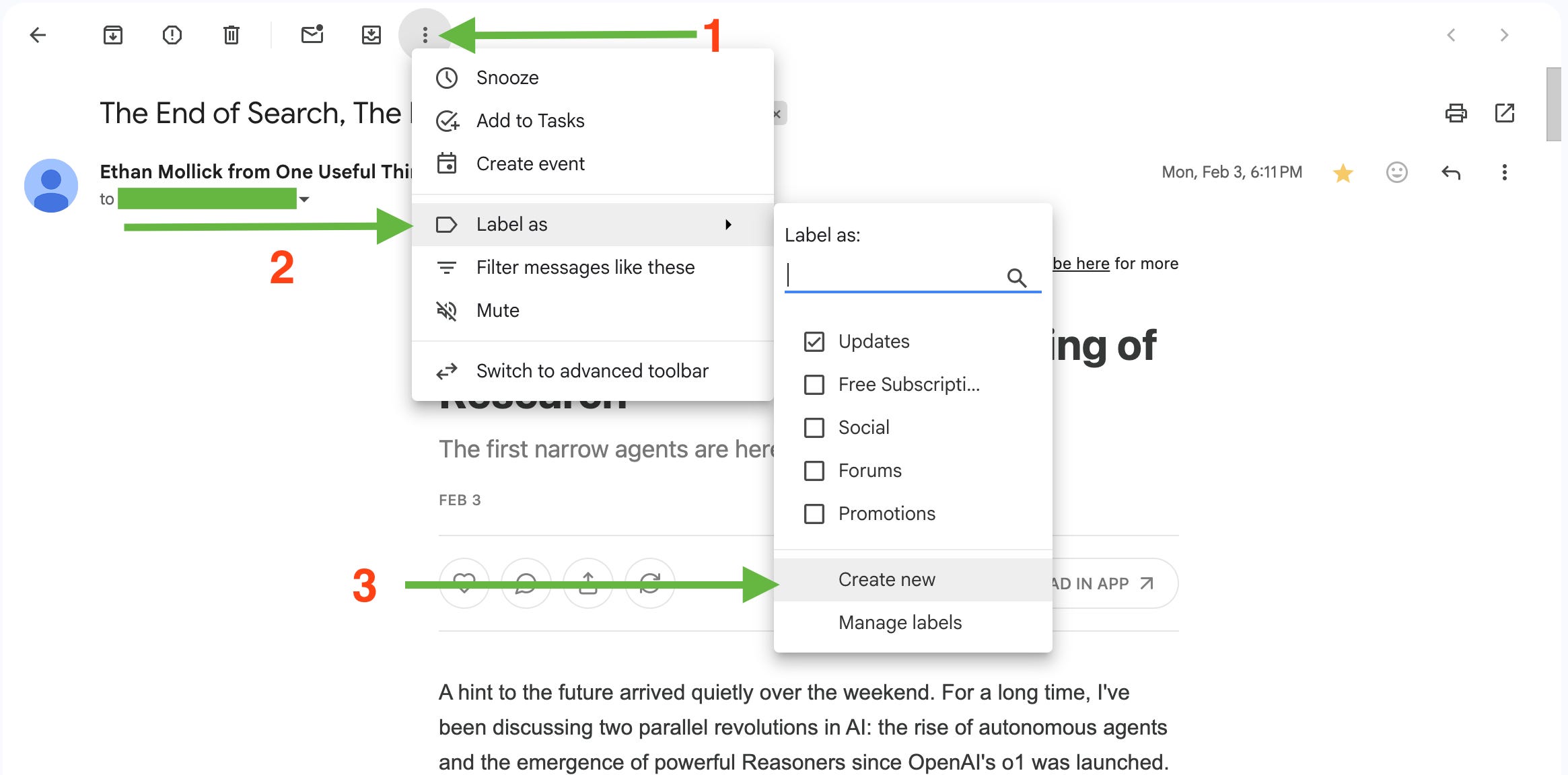 Screenshot of Gmail interface showing where to access the email's menu options and the "Label as" function highlighted