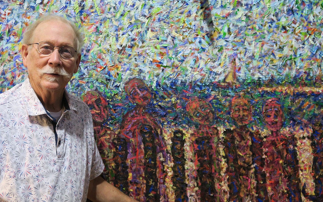 A person standing in front of a painting

Description automatically generated