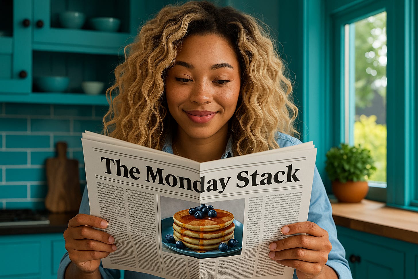 A woman with golden curly hair sits in a turquoise kitchen reading a newspaper titled "The Monday Stack," which features a photo of blueberry pancakes on the front page. She smiles softly while holding the paper, with a cup of coffee nearby.A woman with golden curly hair sits in a turquoise kitchen reading a newspaper titled "The Monday Stack," which features a photo of blueberry pancakes on the front page. She smiles softly while holding the paper, with a cup of coffee nearby.