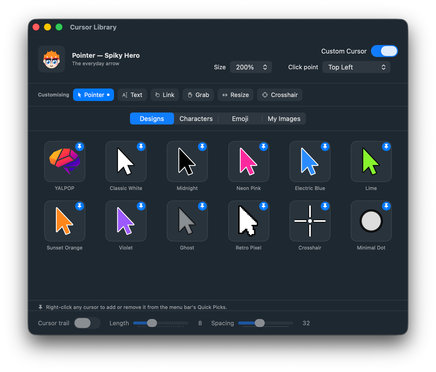 The Cursor Library window on the Designs tab, showing a grid of coloured arrow cursors with size and click point controls